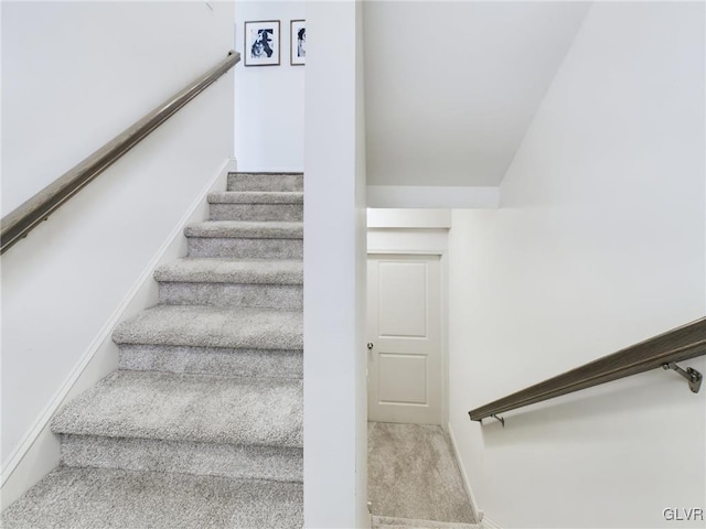 stairs featuring carpet flooring