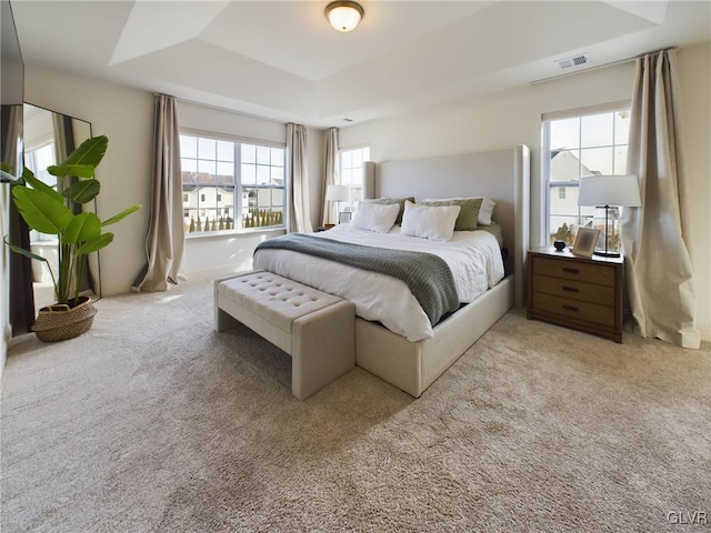 bedroom featuring light colored carpet, a raised ceiling, and visible vents