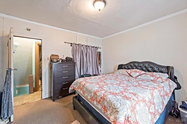 carpeted bedroom with crown molding