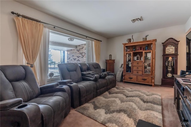 living room featuring light carpet