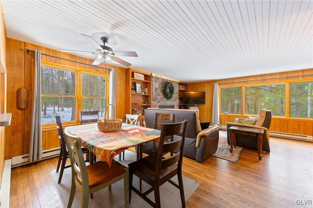 dining area with hardwood / wood-style floors, baseboard heating, and wood walls