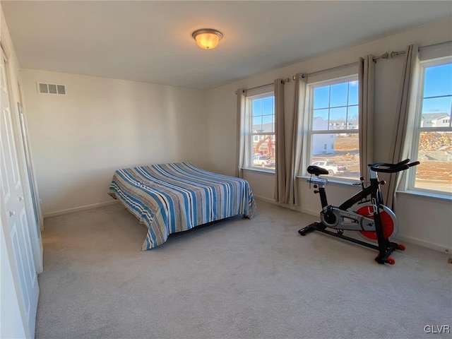 bedroom featuring light carpet