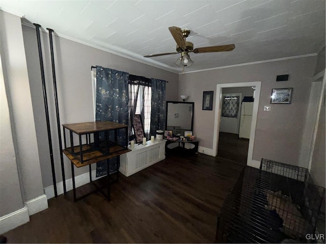 dining area featuring dark wood-type flooring, ceiling fan, and ornamental molding