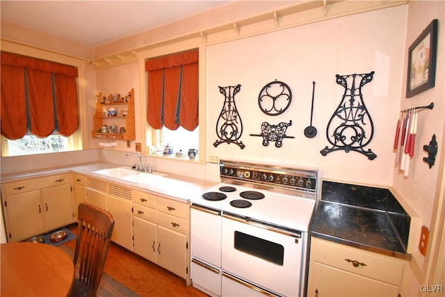 kitchen featuring hardwood / wood-style flooring, plenty of natural light, sink, and white electric range oven