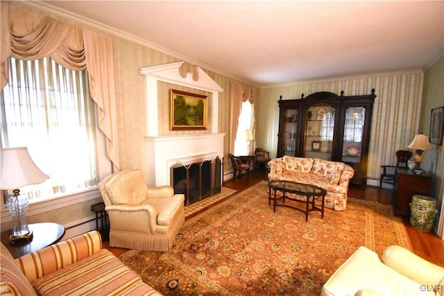 living room with a baseboard heating unit, ornamental molding, and hardwood / wood-style flooring