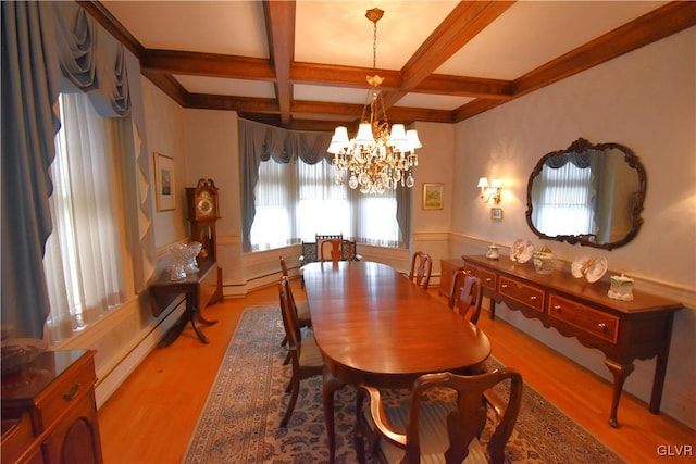 dining space with coffered ceiling, an inviting chandelier, light hardwood / wood-style floors, baseboard heating, and beam ceiling