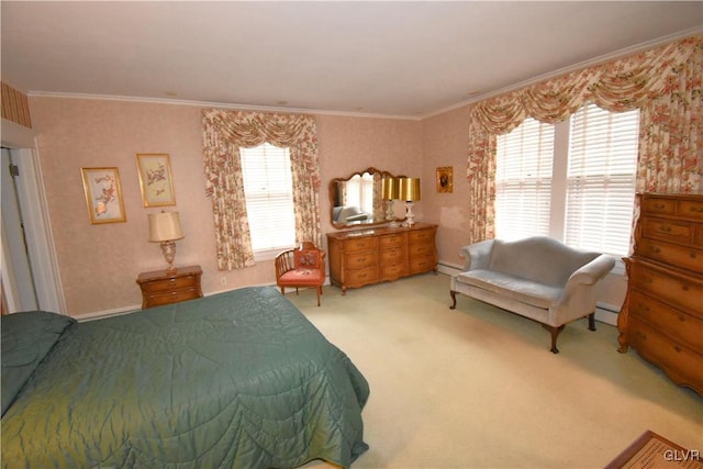 carpeted bedroom featuring ornamental molding and a baseboard heating unit