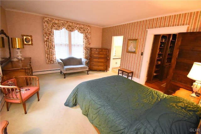 bedroom featuring carpet flooring, crown molding, and a baseboard heating unit