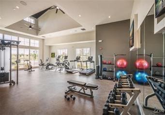 workout area featuring ceiling fan