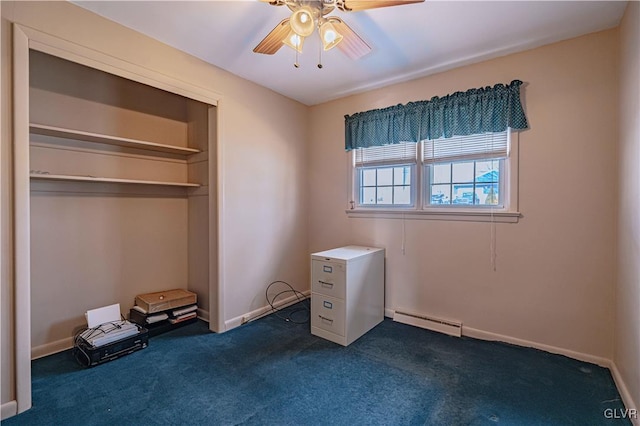 unfurnished bedroom featuring baseboard heating, ceiling fan, and dark colored carpet