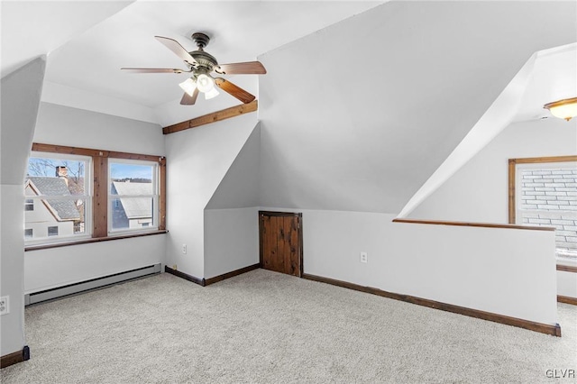 bonus room with baseboard heating, ceiling fan, light colored carpet, and lofted ceiling