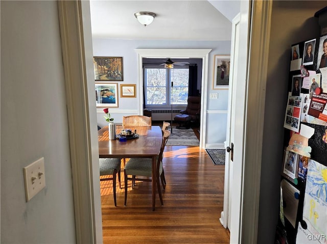 hallway with radiator and dark hardwood / wood-style floors