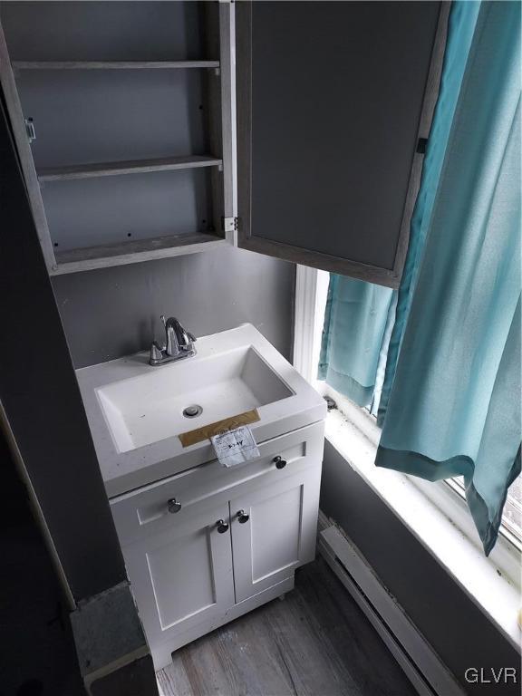 bathroom featuring vanity and hardwood / wood-style floors