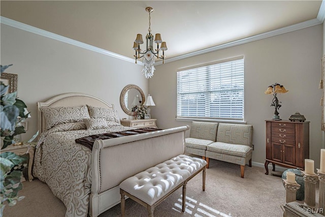 bedroom with a notable chandelier, ornamental molding, and carpet