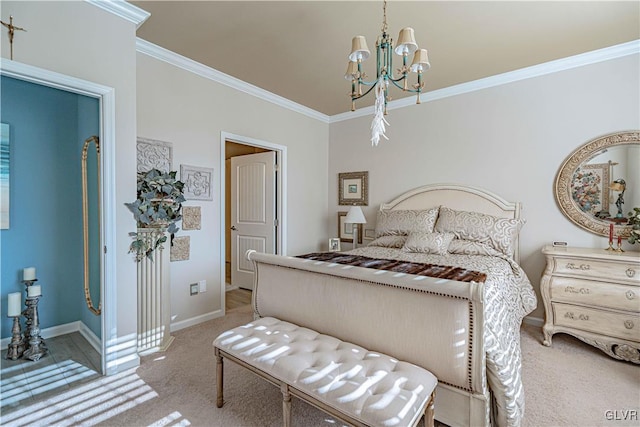 carpeted bedroom with an inviting chandelier and ornamental molding