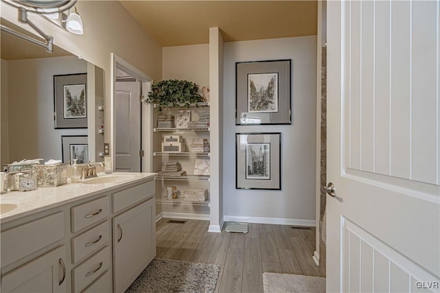 bathroom with hardwood / wood-style flooring and vanity