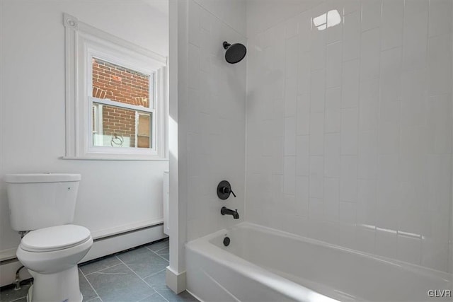 bathroom with a baseboard heating unit, tub / shower combination, toilet, and tile patterned floors