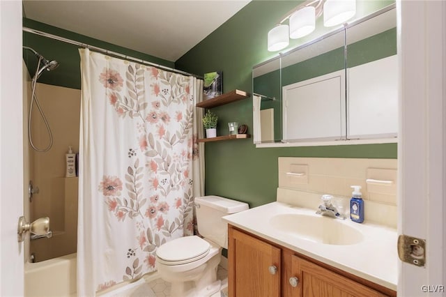 full bathroom with vanity, shower / tub combo with curtain, toilet, and decorative backsplash