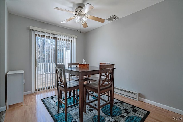 dining space with a ceiling fan, light wood-type flooring, visible vents, and baseboards