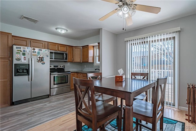 kitchen with brown cabinets, tasteful backsplash, visible vents, light wood-style flooring, and appliances with stainless steel finishes