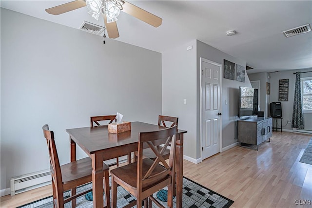 dining room with light wood finished floors, baseboard heating, visible vents, and baseboards