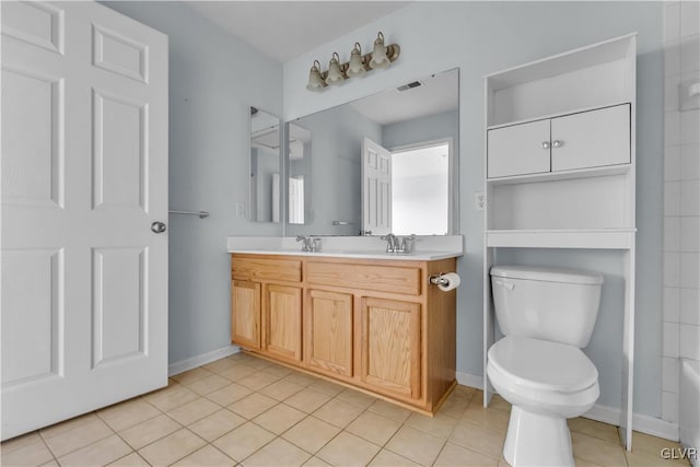 bathroom with visible vents, toilet, vanity, baseboards, and tile patterned floors