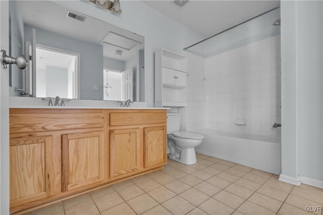 full bathroom featuring double vanity, bathtub / shower combination, visible vents, toilet, and tile patterned floors