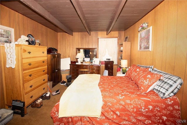 carpeted bedroom featuring wood ceiling, wooden walls, and beamed ceiling