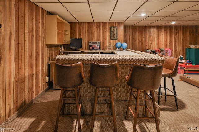 bar featuring dark colored carpet and wooden walls