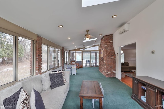 living area with lofted ceiling, a sunroom, a wall mounted AC, dark carpet, and recessed lighting