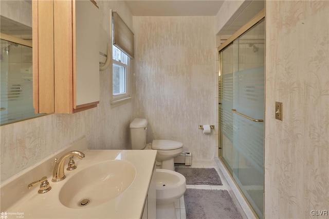 full bath with a baseboard radiator, a bidet, toilet, a stall shower, and wallpapered walls