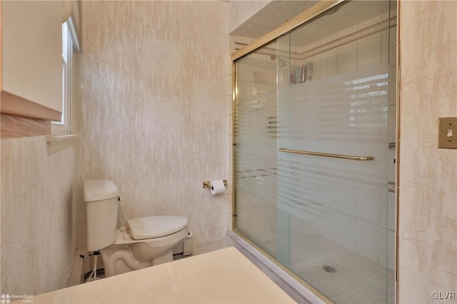 bathroom with a stall shower and toilet