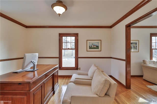 interior space with ornamental molding, light wood-style flooring, and a healthy amount of sunlight