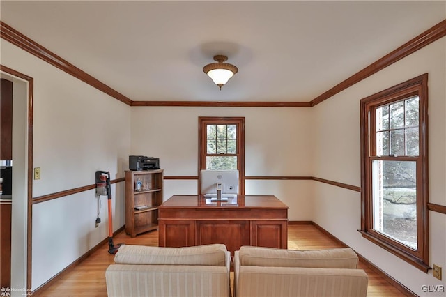 office space with light wood-type flooring, baseboards, and crown molding