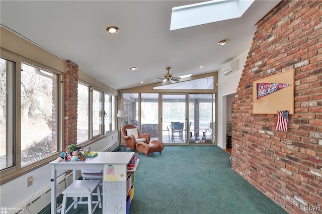 sunroom / solarium with ceiling fan, vaulted ceiling, and an AC wall unit