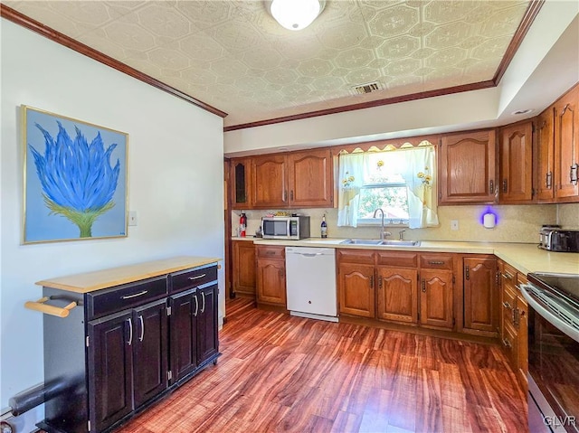 kitchen with an ornate ceiling, ornamental molding, stainless steel appliances, light countertops, and a sink