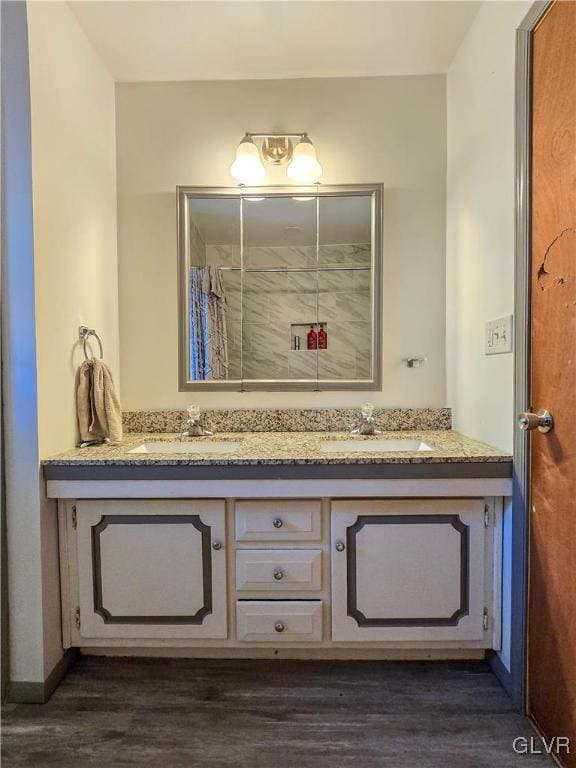 bathroom with double vanity, wood finished floors, and a sink