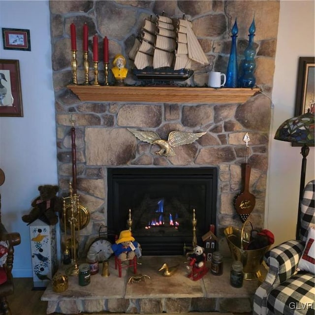 interior details with a fireplace and wood finished floors