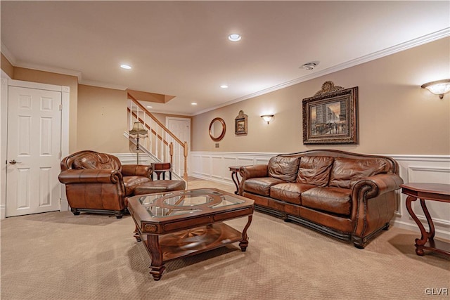 living room featuring light carpet, recessed lighting, and crown molding