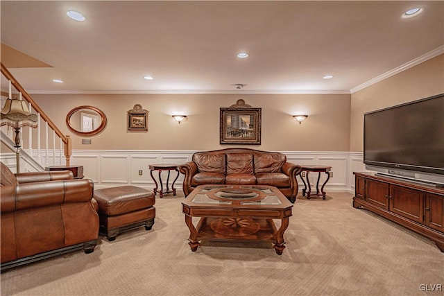 living room with crown molding, stairway, recessed lighting, and light colored carpet