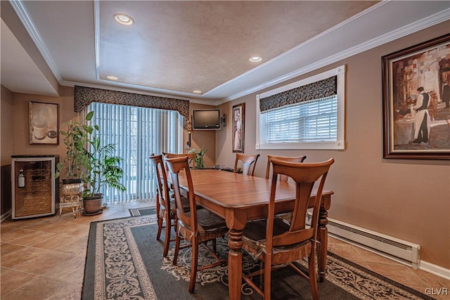 dining room featuring light tile patterned floors, baseboards, ornamental molding, a baseboard heating unit, and recessed lighting