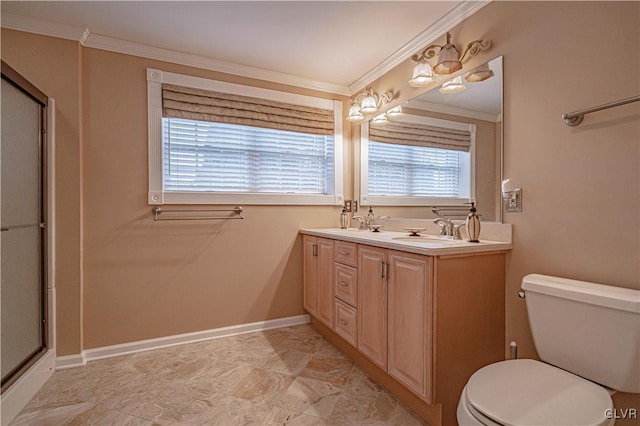 full bathroom with a shower with shower door, toilet, a sink, baseboards, and ornamental molding