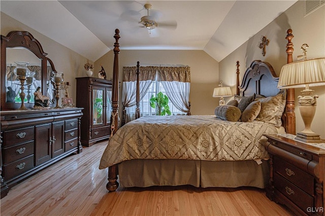 bedroom with visible vents, lofted ceiling, ceiling fan, access to exterior, and light wood-style floors