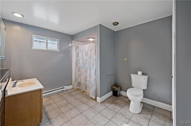 full bath with baseboards, toilet, tile patterned floors, baseboard heating, and vanity