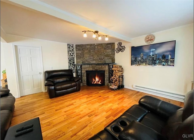 living room featuring a baseboard radiator, a fireplace, beamed ceiling, and wood finished floors