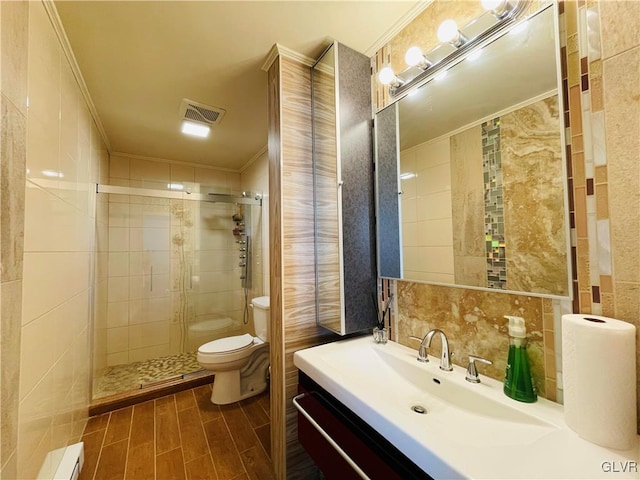 full bath with toilet, tile walls, ornamental molding, decorative backsplash, and wood tiled floor