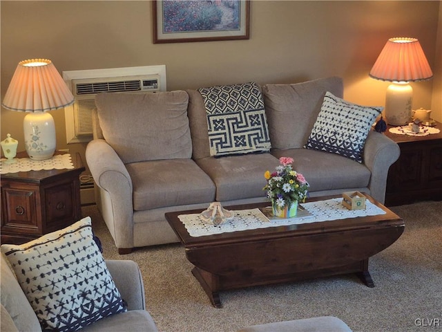 living room with carpet flooring and an AC wall unit