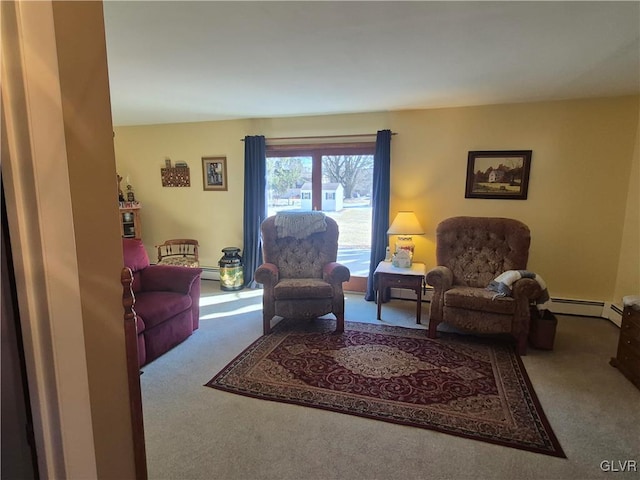 living room featuring carpet floors and a baseboard radiator