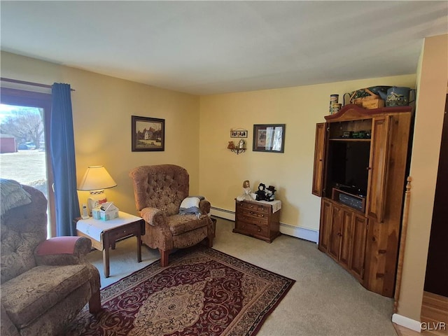 living room featuring light carpet, a baseboard radiator, baseboards, and baseboard heating