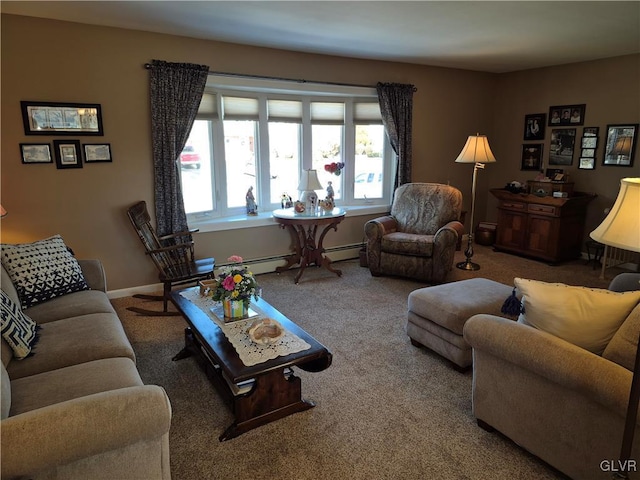 living room with carpet floors and baseboards